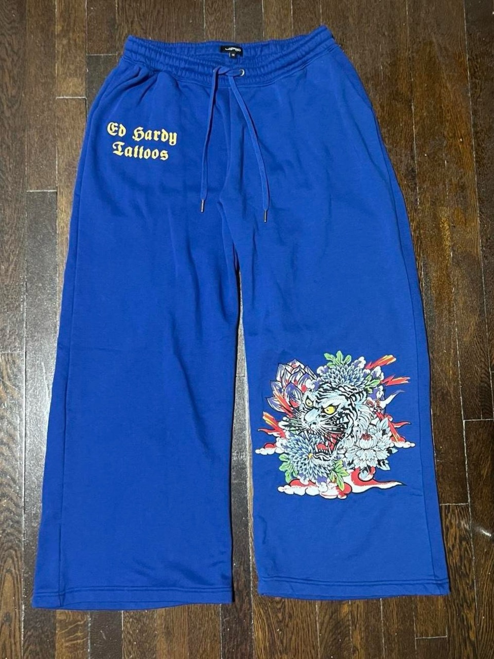 Ed Hardy Y2K Tattoo Cobalt Blue Wide Leg Sweatpants with Tiger Graphic